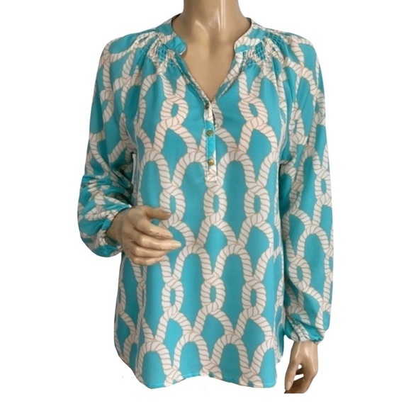 MacBeth Collection Aqua Nautical Rope Patterned Blouse 3 Buttons - Size Small - Picture 1 of 14